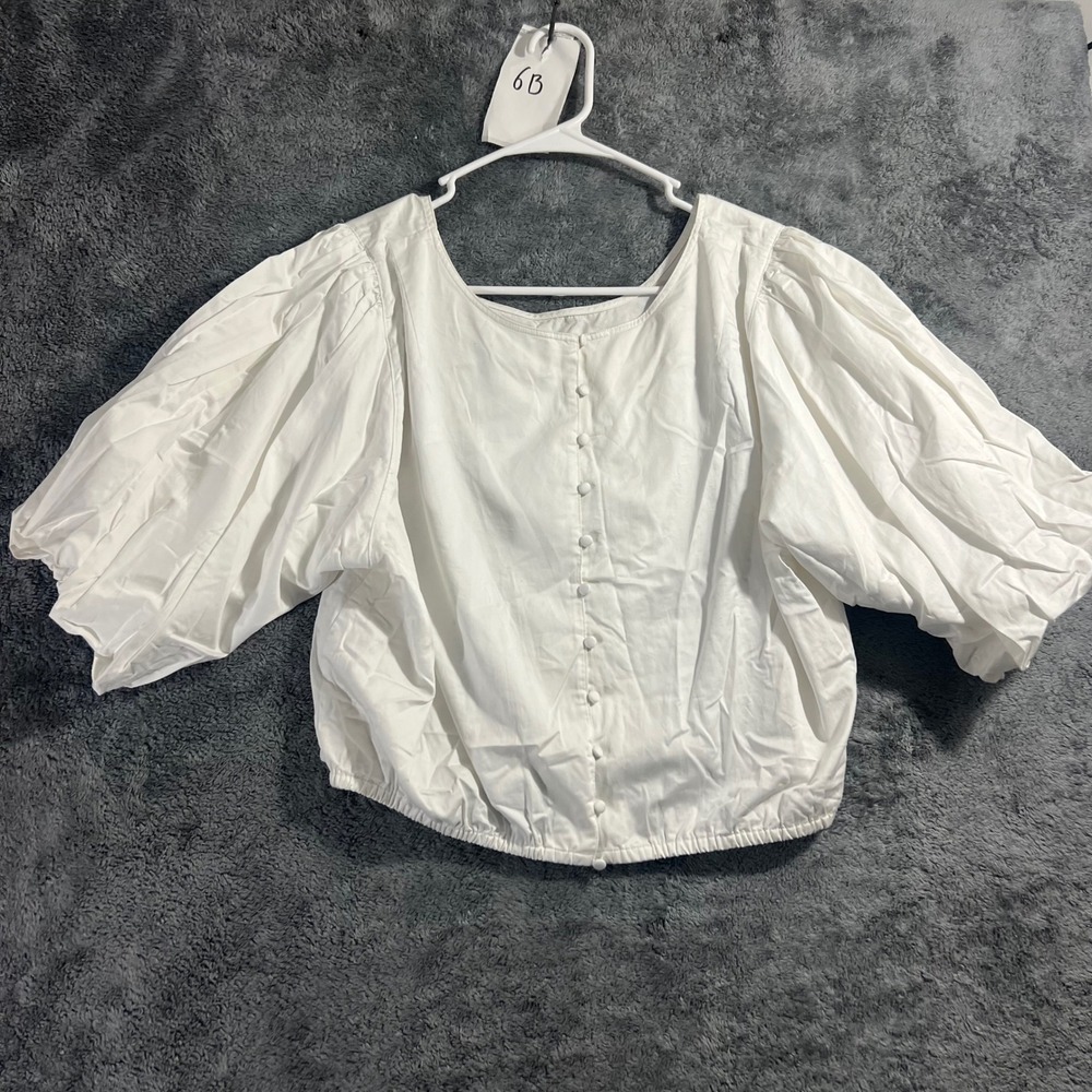 H&M White Cotton Puff Sleeve Button Front Cropped Blouse XL 08735381